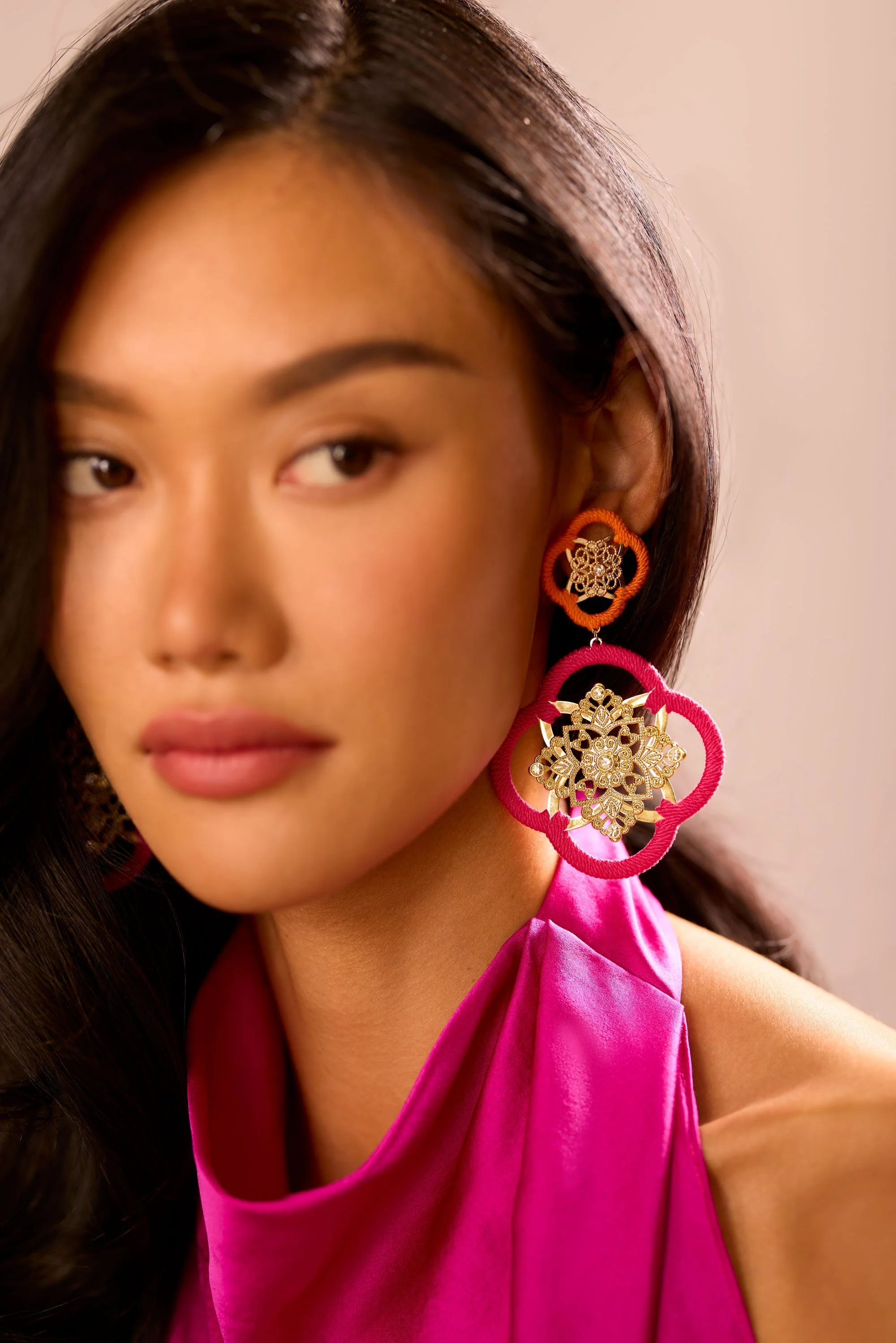 Anya Medallion Drop Earrings | FIESTA PINK - Image 2
