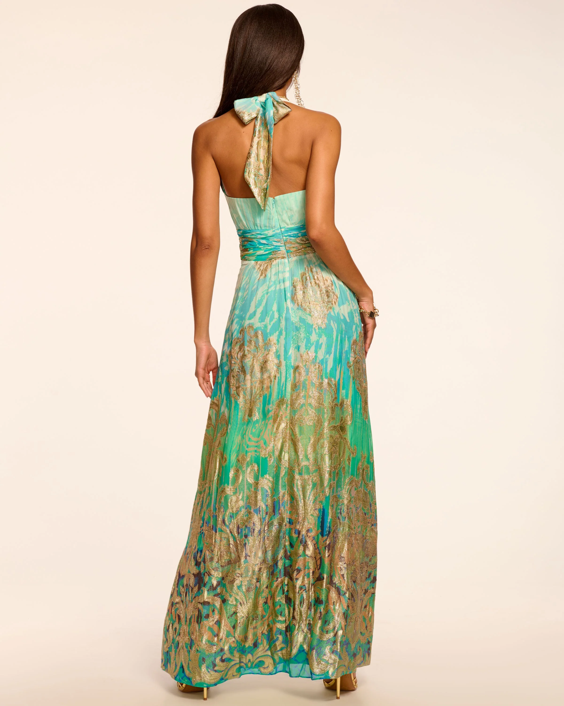 Stephanie Jacquard Plunging Halter Gown - Image 4